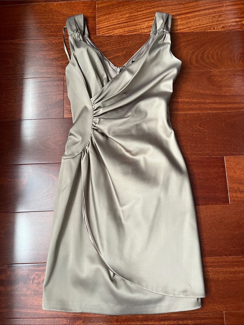BCBG Paris Satin Ruched V-Neck Midi Dress - Sage Green